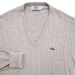 Izod Lacoste Sweater Men L Beige Orlon Cable Knit V Neck Pullover‎ Vintage 70s